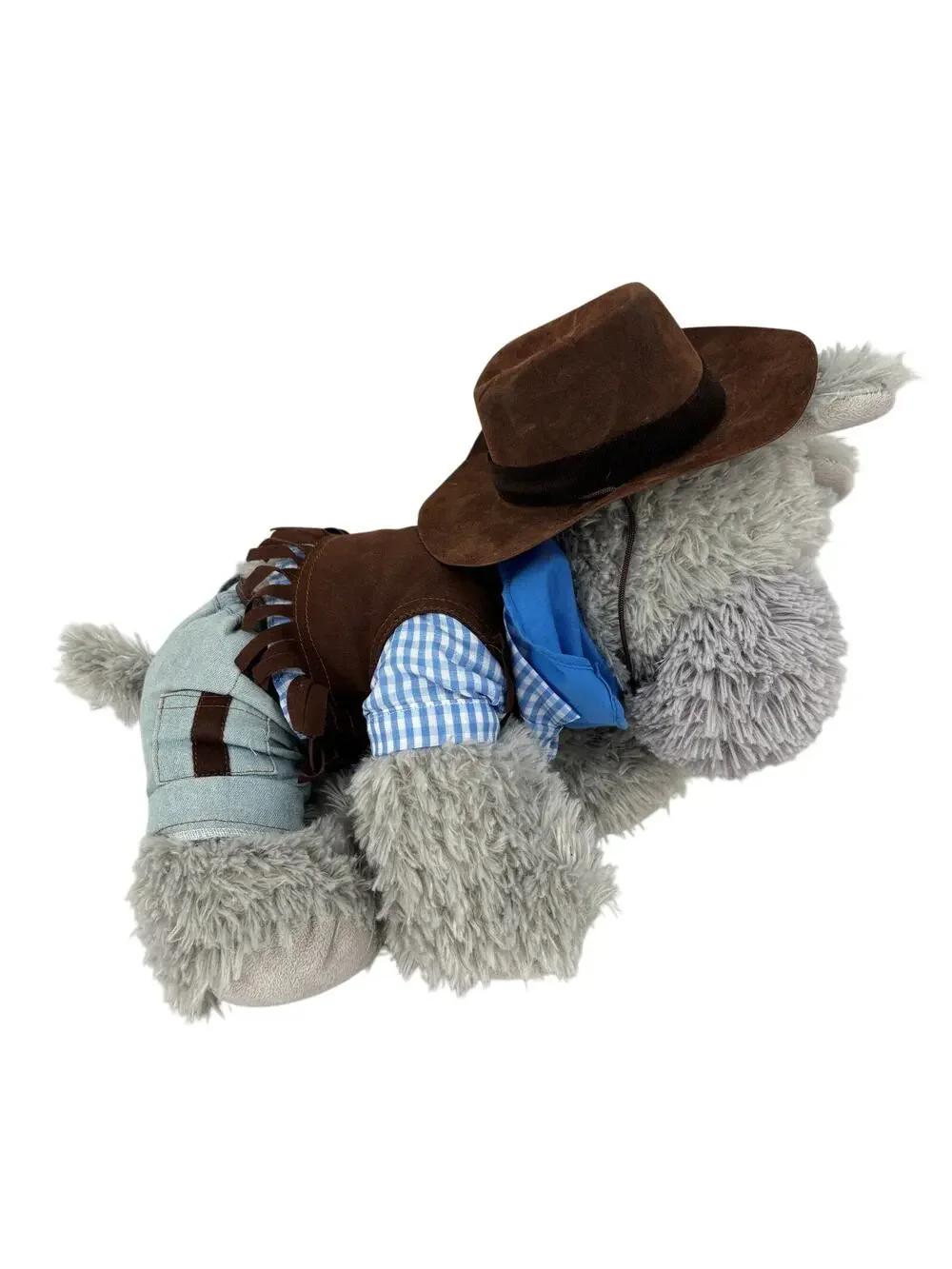 Teddy Mountain Plush Puppy Dog Gray Shaggy Cowboy‎ Outfit Hat Jeans Vest 18 Inch